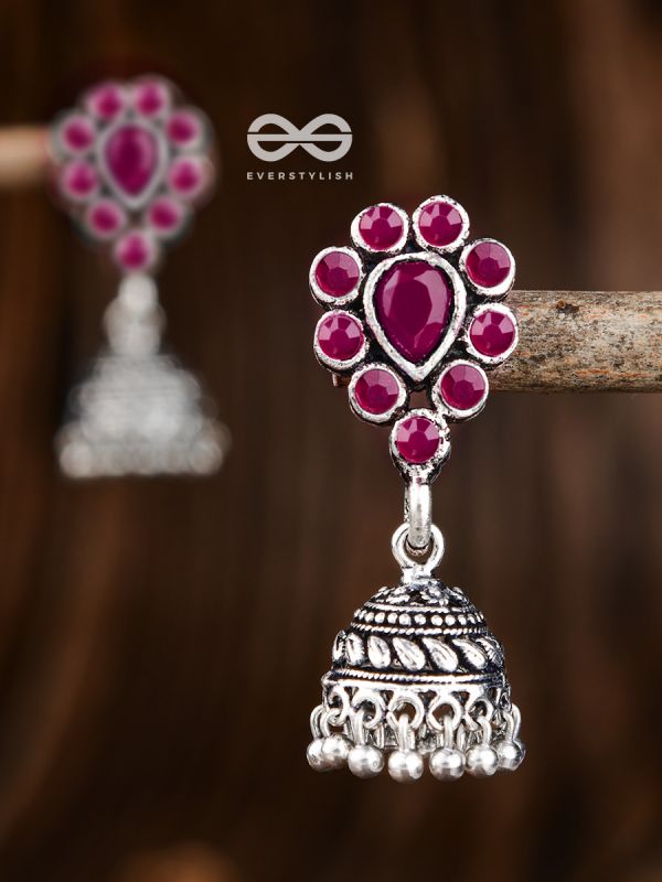 The Shimmery Droplet Jhumkis (Ruby Red) - The Embellished Oxidised Collection