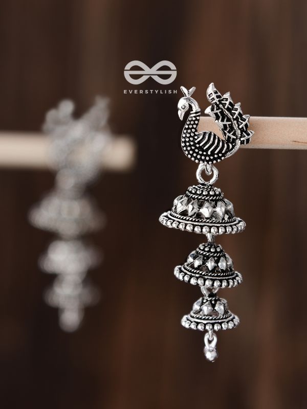 The Multilayered Peacock Jhumki - Oxidised Boho Earrings