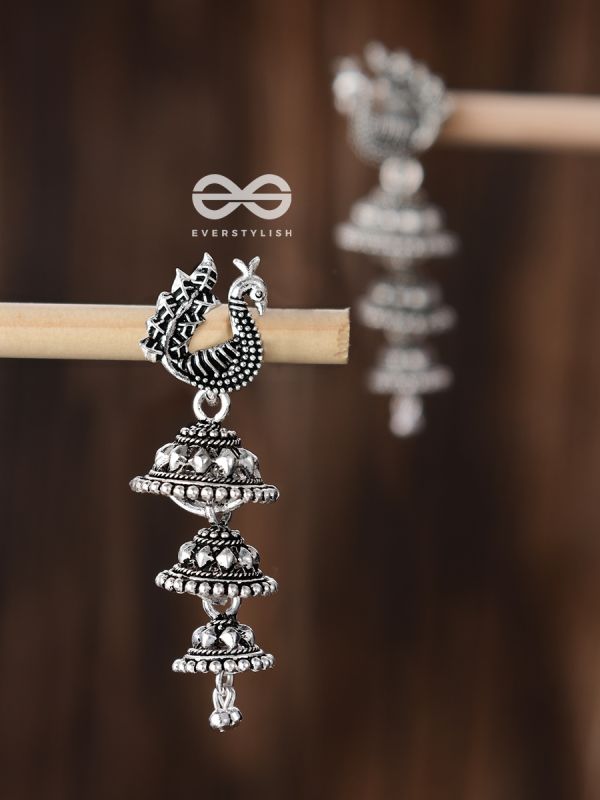 The Multilayered Peacock Jhumki - Oxidised Boho Earrings
