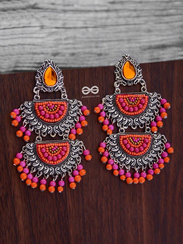 The Multilayered Elegance (Orange-Pink) - Embroidered Oxidised Earrings