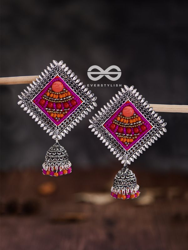 The Beaded Bohemian Square Jhumkas(Orange-Pink) - Embroidered Oxidised Collection