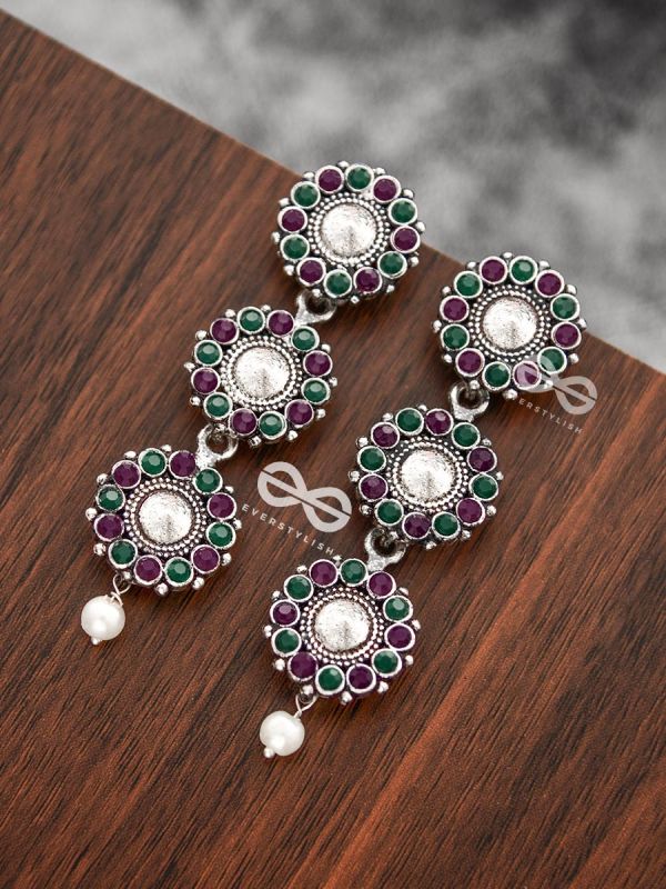The Layered Boho Danglers (Ruby-Emerald) - Embellished Oxidised Earrings