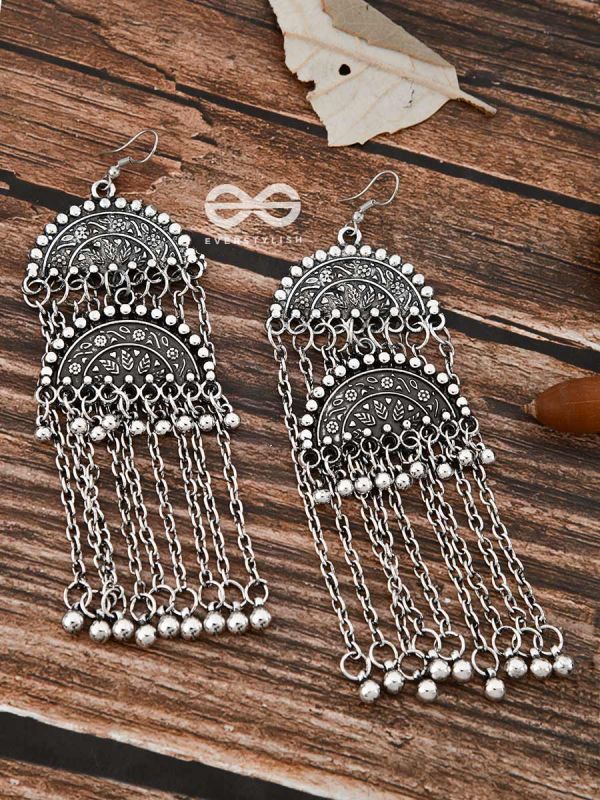 The Double Intricate Moon Danglers - Oxidised Boho Earrings