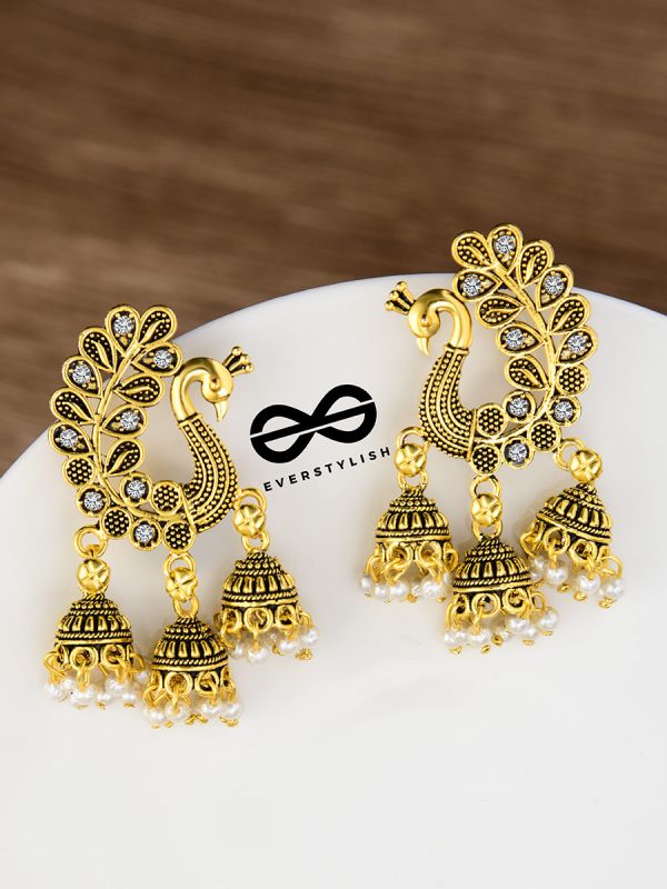 The Golden Peacock Triple Jhumkis - Oxidised Boho Earrings