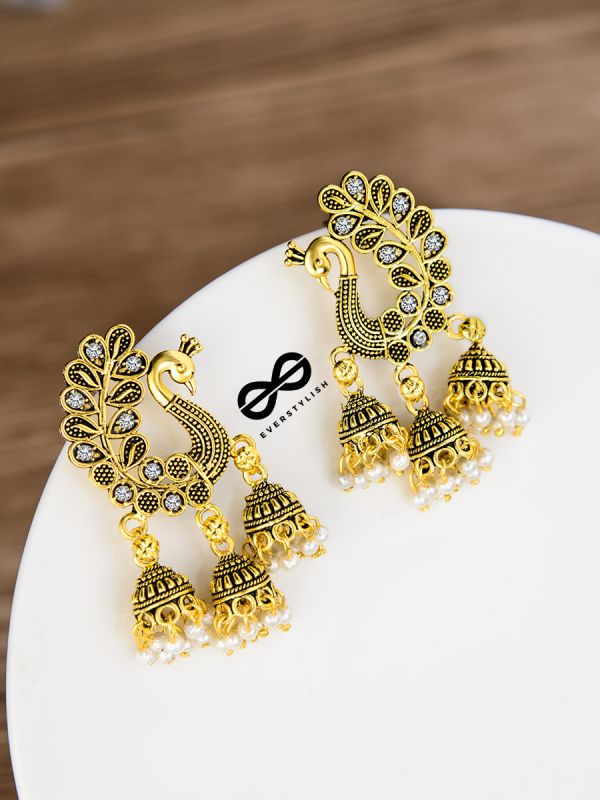 The Golden Peacock Triple Jhumkis - Oxidised Boho Earrings