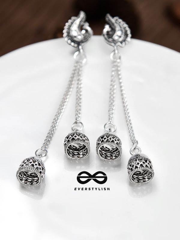 The Double Jhumki Curved Peacock Danglers - Oxidised Boho Earrings