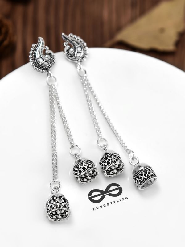 The Double Jhumki Curved Peacock Danglers - Oxidised Boho Earrings