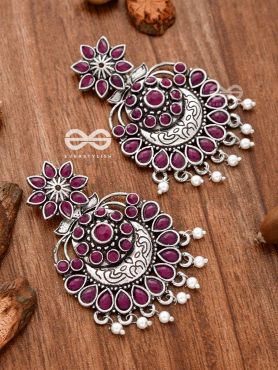 The Statement of Intricacy (Ruby Red) - Embellished Oxidised Earrings