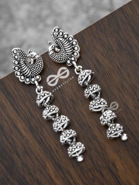 The Five-Layered Peacock Jhumkis - Oxidised Boho Earrings
