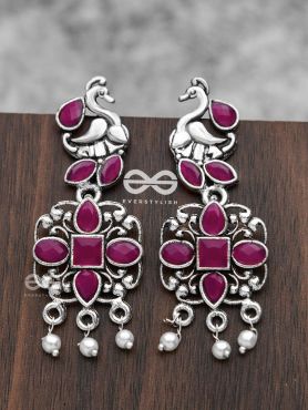 The Artsy Peacock Danglers (Ruby Red) - Embellished Oxidised Collection