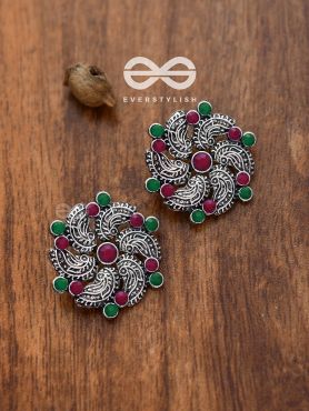 The Whimsical Whirlpools - Embellished Oxidised Studs (Ruby-Emerald)