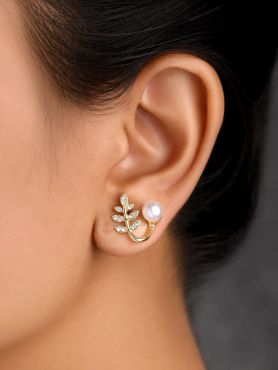 Fern n Pearl- CZ Stones Studded Golden Pearl Earrings