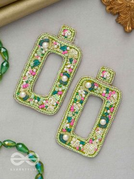 AARDRATVA- THE VERDANT- SEQUINS, PEARLS, BEADS AND STONES EMBROIDERED EARRINGS (LIME GREEN)