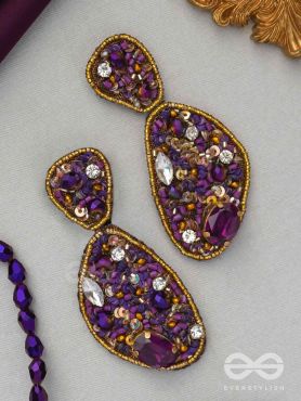 KARNIKAR- THE PURPLE FLOWER- STONE, SEQUINS AND BEADS EMBROIDERED EARRINGS (Violet & Fire Yellow)
