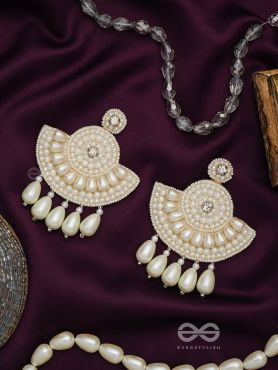 SURAMYA- THE PICTURESQUE CRESCENT- WHITE BEADS AND STONE EMBROIDERED EARRINGS