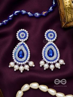 Parjanya- The Raindrop- Swaroski, Pearls and Stones Embroidered Earrings (Cobalt Blue)