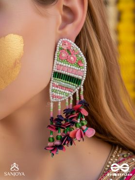 Unmish - The Budding Blossoms - Beads, Cutdana And Sequins Hand Embroidered Earrings