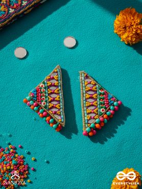 Shikharin - The Gorgeous Pyramid - Mirrors, Beads And Resham Hand Embroidered Stud Earrings