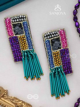 Srava- The Vibrant Waterfall- Beads and Bugle Glass Pipes Embroidered Earrings