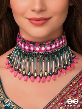 Srava- The Rose Cascade- Glass Beads & Mirror Lace Embroidered Choker Necklace