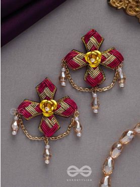 CHAARVI - THE BEAUTIFUL AND ELEGANT - PINK AND GOLD EMBROIDED  EARRINGS WITH METAL FLOWERS