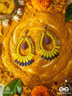 Atidah - Blazing Fierce - Beads And Cutdana Hand Embroidered Earrings (Yellow & Purple)