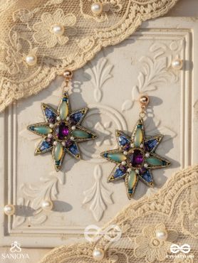 Nakshatrika - The Celestial Sparkle - Stone, Beads And Dabka Hand Embroidered Earrings (Multicolor)