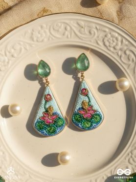 Padmalatā - Lotus Vine Hand-embroidered earrings with Cutdana, Dabka and Resham thread work 