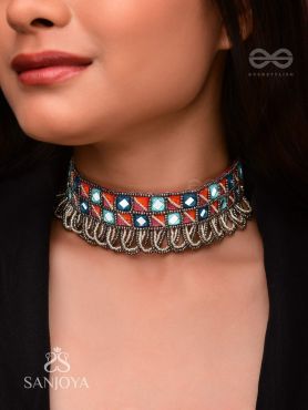 Dyupatha - The Sky Horizon - Mirror And Beads Hand Embroidered Oxidised Neckpiece