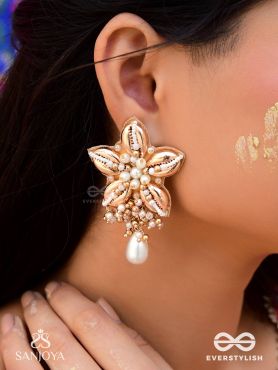 Kanaka - The Gleaming Blossoms - Beads, Shells And Pearl Drops Hand Embroidered Earrings