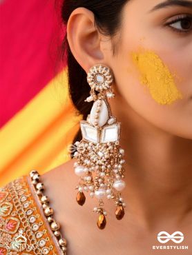 Sahasra - Golden Waves Whisper- Beads, Shells And Glass Drop Hand Embroidered Earrings
