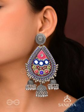 Kalatra- The Royal Citadel- Mirror, Resham And Beads Hand Embroidered Oxidised Earrings