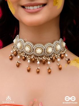 Stavaka- The Beloved Bouquet- Beads, Pearl And Glass Drops Hand Embroidered Choker Neckpiece