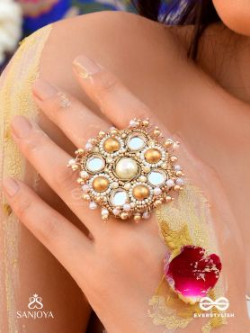Darpanmaye- The Ornate Mirrors- Mirror, Resham And Beads Hand Embroidered Golden Ring (Adjustable)