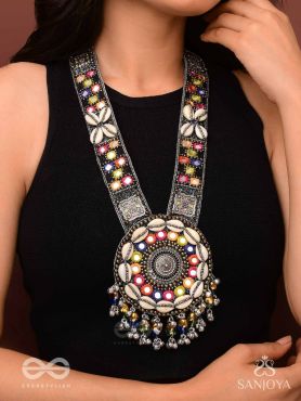 Sheetbhanviye - The Lunar Celebrations - Shells, Mirrors, Resham And Glass Drops Hand Embroidered Oxidised Neckpiece