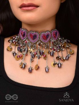 Prageet - Song Of The Hearts - Resham, Dabka, Beads And Coins Hand Embroidered Oxidised Choker Neckpiece