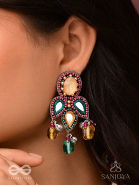 Tripristha - The Holy Trinity - Stones, Mirrors, Coins And Glass Drops Hand Embroidered Earrings