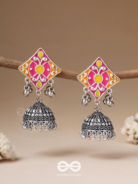 Melodies Of Twilight - Enamelled Oxidised Jhumka Earrings