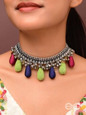 Drops Of Intricacy - Beads And Coins Oxidised Hand Embroidered Choker Neckpiece