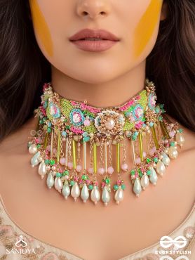 MANJUSUMANA - BEAUTIFUL BLOSSOM - BEADS, SEQUINS AND PEARL DROPS HAND EMBROIDERED CHOKER NECKPIECE