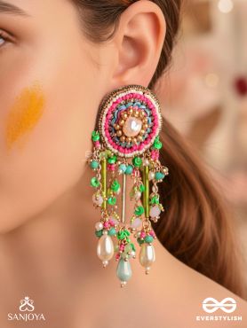 MANJUSUMANA - BEAUTIFUL BLOSSOM - HAND EMBROIDERED COLOURFUL EARRINGS WITH CIRCULAR MOTIF EMBELLISHED WITH BEADS AND DECORATIVE FRINGES