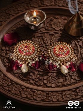 KUSUMAVALI - ROW OF FLOWERS - STONES, PEARLS AND RED BEADS KUNDAN HAND EMBROIDERED EARRINGS