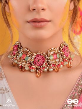 GULRATNA - JEWEL OF ROSES - HANDCRAFTED ROSE CHOKER WITH BEADED FRINGES, PEARLS AND GEM DETAILS