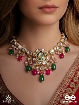 KIRANMALA – GARLAND OF RAYS- EXQUISITE ENAMELLED KUNDAN NECKLACE WITH MULTICOLORED DROPS AND PEARLS