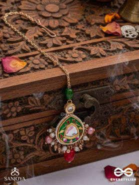 KIRANMALA – GARLAND OF RAYS- EXQUISITE ENAMELLED KUNDAN MAANGTIKA WITH MULTICOLORED DROPS AND PEARLS