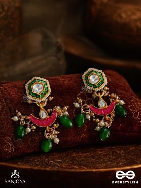 SHASHIRATNA- JEWEL OF THE MOON- KUNDAN EARRINGS INSPIRED BY THE MOON’S RADIANCE WITH PEARLS AND  GREEN DROPS