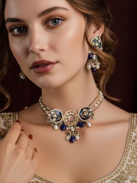 NILACHANDRIKA- MOONLIGHT OF THE BLUE SKY -HANDMADE KUNDAN SET WITH NECKLACE AND EARRINGS 