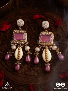 MANOHARA - CHARMING BEAUTY- ROYAL KUNDAN EARRINGS WITH PEARL STRINGS, SHELLS AND PINK GEM EMBELLISHMENTS