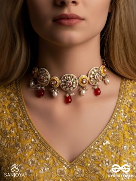 DIVYANJALI - DIVINE OFFERING-  KUNDAN, PEARLS, AND RED STONES HANDMADE NECKLACE