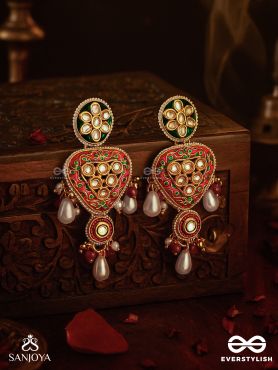 SUNDARIKA - BEAUTIFUL ONE - INTRICATE KUNDAN EARRINGS WITH ENAMEL WORK AND PEARL DROPS